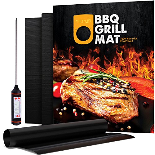 100 Non-stick Grill Mat Refun FDA Approved Barbecue Sheets Set of 3 BBQ Mats16 X 13 Inch Works on Gas Charcoal and Electric Grills etc An Extra Grill Thermometer Included