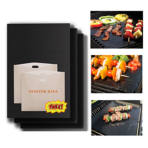 BONTEK BBQ Grill Mats Non Stick Heat Resistant Reusable Barbecue Sheets Best Mate for Gas Charcoal Electric Grills 2 Toaster Bags for Bonus 3 Pack 16 x 13 Inch