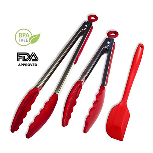 Homaker Stainless Steel BBQ Tongs Set with Silicone Tips - 12 Grill Tongs 9 Salad Tongs Extra Grip Cooking Tongs - Master Chef Choice Kitchen Utensils for Home Cooks Bonus Spatula