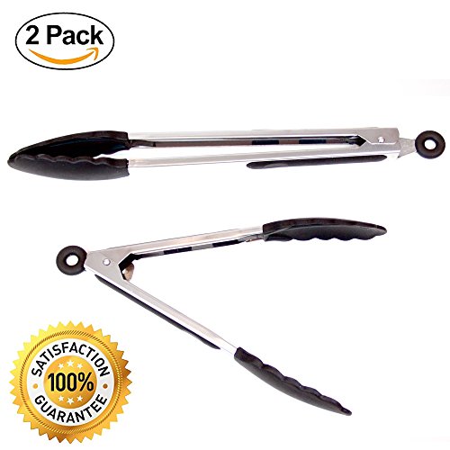 Kitchen Tongs Set of 2 9 13Serving Cooking UtensilsStainless Steel with Non-Slip Heat Resistant Silicone Handles and TipsPremium Cook Tools for Salads BbqAvailable in Green Black Red