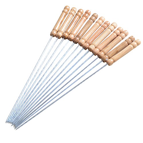 Chichic 12pcs Bbq Skewers Bbq Needle Barbecue Accessories Tools Wood Handle Stainless Steel Kabob Needles