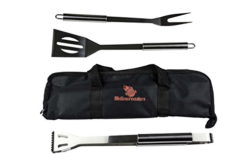 Barbecue Grill Tool Set - 3 Piece BBQ Grilling Utensil Kit Including Stainless Steel Spatula Fork and Tongs with Bonus Carrying Case