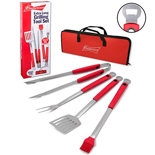 Budweiser Grilling Tools- Extra Long 4 Pc 20&quot Barbecue Grill Set With Carrying Case And Built-in Bottle Openers