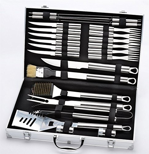 Joyeee 24pcs Premium Stainless Steel BBQ Set with Aluminum Storage Case - Perfect Heavy Duty Professional Outdoor Barbecue Grill Tool Accessories Kit