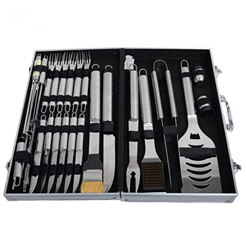 RoseFlower Premium 24 Pieces Stainless Steel BBQ Set with Aluminum Storage Case - Heavy Duty Professional Outdoor Barbecue Grill Tool Accessories Kit 1 - Perfect Christmas Gifts Idea