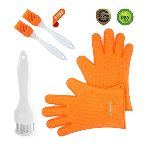 SUNUNICO Heat Resistant Gloves Set - BBQ Silicone Grilling Gloves with Meat Tenderizer Needle and 2 Sauce Brushes Kitchen Grilling Accessories for Cooking Baking Barbecue