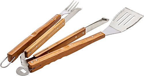 Barbecue Utensil Set - Large 3 Piece Stainless Steel Premium Wood Bbq Tools - Multi Use Spatula Forkamp Tongs