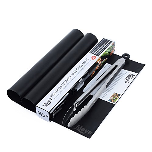 Maya Bbq Grill Mat Plus Grill Bbq Tongs - Set Of 3 Items - 2 Non-stick Grill Mats 16 X 13 Inch - Perfect For Baking