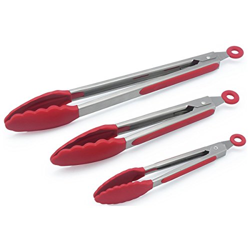 Ollis Premium Tongs Set 12 9 7 Heavy Duty Stainless Steel Kitchen Tongs BBQ Tong Cooking Salad Tongs with Silicone Non-stick Set of 3 Red