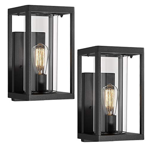 Beionxii Outdoor Wall Lights 2-Pack Modern Exterior Wall Sconces Porch Lamp Sand Textured Black Cast Aluminum with Clear Cylinder Glass - A291 Series