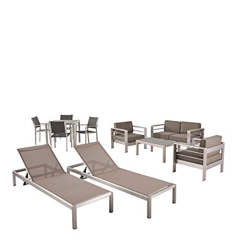 Christopher Knight Home Julia Patio Collection - 4-Seat Dining Set 3-Piece Conversation Set 2 Chaise Lounges Coffee Table - Aluminum - Glass Table Top - Silver Gray Khaki