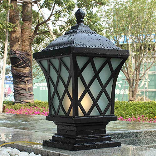 Moddeny IP54 Square Waterproof Outdoor Pillar Light Column Lamp Exterior Rainproof Aluminum Glass Post Lanterns Traditional E27 Black Patio Villa Garden Park Balcony Gate Street Lighting