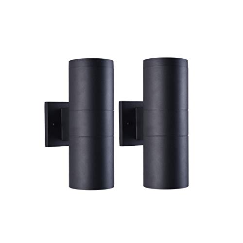 mirrea Modern Outdoor Porch Light Patio Light in 2 Lights with Matte Black Aluminum Cylinder and Tempered Glass Cover Waterproof Wall Sconce 2 Pack
