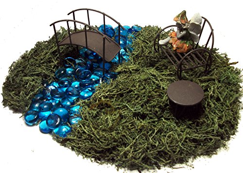 Fairy Garden Kit - Includes Fairy Bench Table Bridge Blue Glass Stones Moss And Instructions