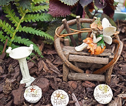 Fairy Garden Starter Or Accessory Set - Wood Vine Bench Fairy Bird Bath Three Stepping Stones And Fairy Garden