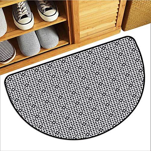 Commercial Grade Entrance Mat Geometric Indoor Out-Imdoor Rugs for Kids Room Ornamental Motifs Vertical Horizontal Stripes Squares with Oval Corners  Charcoal Grey White H24 x D36 semicircle