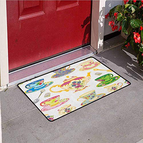 RelaxBear Tea Party Welcome Door mat Selection of Vivid Colored Teacups Pot Sugar and Floral Arrangements in Corners Door mat is odorless and Durable W315 x L472 Inch Multicolor