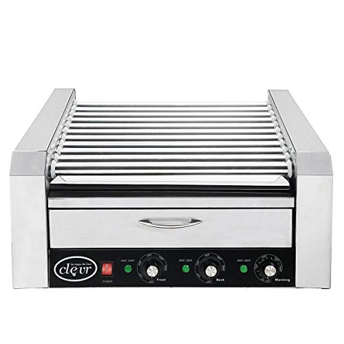 Clevr Commercial 11 Roller and 30 Hotdog Roller Machine with Bun Warming Drawer Hot Dog Grill Cooker with Bun Warmer