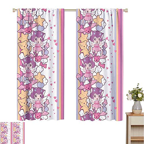 hengshu Doodle Eclipse Blackout Curtains Illustration of Angels Stars and Cats Clouds with Mini Hearts Otaku Kawaii Japanese Patio Door Curtains Living Room Decor W52 x L84 Inch Multicolor