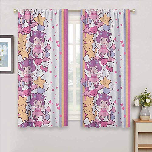hengshu Doodle Eclipse Blackout Curtains Illustration of Angels Stars and Cats Clouds with Mini Hearts Otaku Kawaii Japanese Patio Door Curtains Living Room Decor W72 x L72 Inch Multicolor