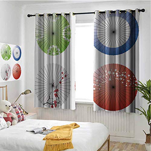 hengshu Japanese Patio Door Curtains for Bedroom Artisan Japanese Umbrella Design with Cherry Blossom Flowers and Star Figures for Bed Room Decor Curtain W72 x L72 Inch Multicolor