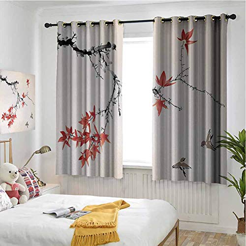 hengshu Japanese Patio Door Curtains for Bedroom Cherry Blossom Sakura Tree Branches Romantic Spring Themed Watercolor Picture Thermal Insulated Noise Reducing W62 x L72 Inch Coral Black