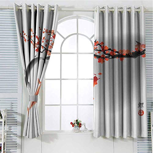 hengshu Japanese Patio Door Curtains for Bedroom Koi Carp Fish Couple Swimming with Cherry Blossom Sakura Branch Culture Design Thermal Insulated Noise Reducing W52 x L95 Inch Orange Grey