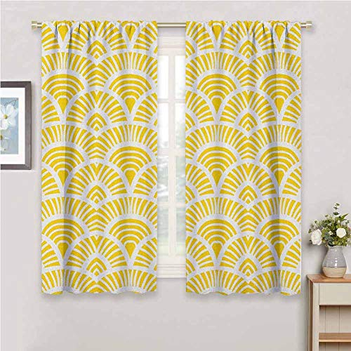 hengshu Yellow Eclipse Blackout Curtains Vintage Hand Drawn Style Art Nouveau Pattern Geometrical Retro Scales Japanese Patio Door Curtains Living Room Decor W72 x L84 Inch Yellow White