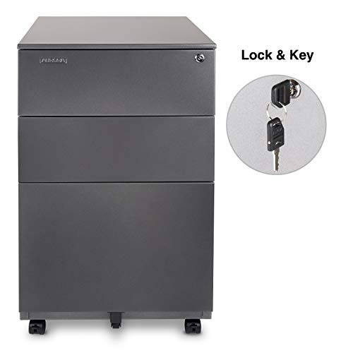 3-Drawer Metal Mobile File Cabinet with Lock Key Sliding Drawer Gunmetal