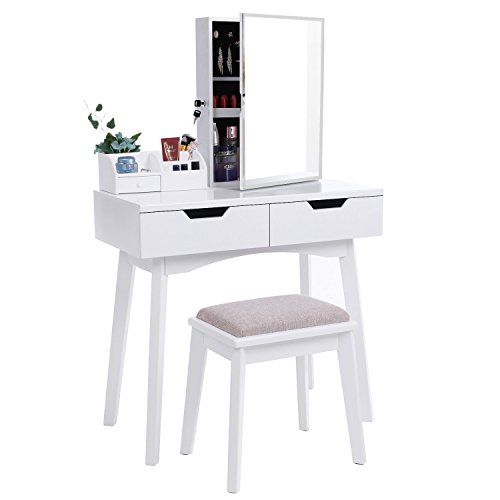 BEWISHOME Vanity Set White Makeup Table Cushioned Stool Lockable Jewelry Storage Cabinet with Mirror Dressing Desk Armoire Organizer 2 Sliding Drawers FST04W