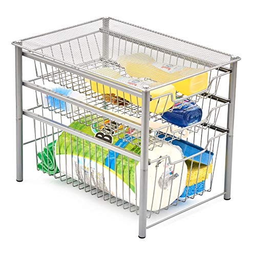 EZOWare 3-Tier Pull Out Sliding Drawer Multipurpose Storage Organizer Rack Ideal for Use Under the Sink Bathroom Cabinet Office Desks Counter top Pantry and Kitchen - Silver