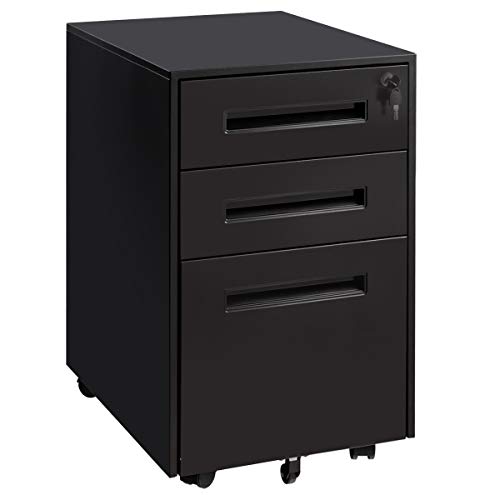 Giantex 3-Drawer Mobile File Cabinet with Lock Key Sliding Drawer for 5 Rolling Casters Metal Storage A4 File Storage Black