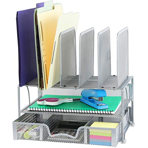 SimpleHouseware Mesh Desk Organizer with Sliding Drawer Double Tray and 5 Upright Sections Silver