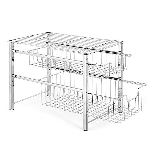 Stackable 2 Tier Sliding Cabinet Basket Organizer Mesh Wire Grid Sliding Drawer Pull Out Organier Storage Rack for Kitchen Home Office Countertop Under the Sink Silver