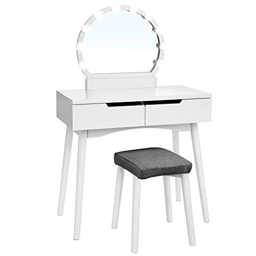 VASAGLE Vanity Table Set with 10 Light Bulbs and Touch Switch Dressing Makeup Table Desk with Large Round Mirror 2 Sliding Drawers 1 Cushioned Stool for bedroom bathroom White