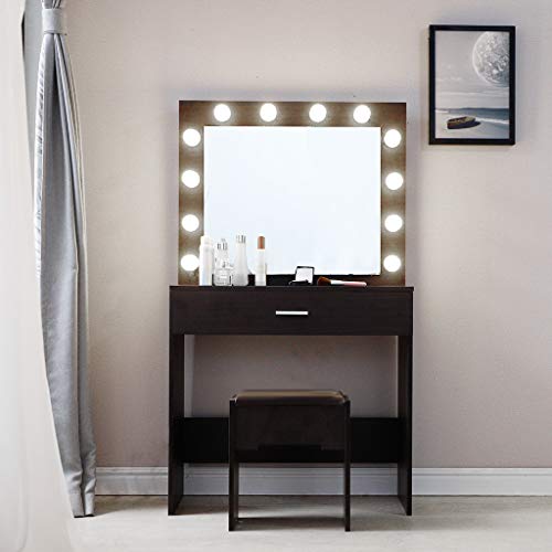 iBOXO Vanity Set Vanity Makeup Table Set with Lighted Mirror Dresseing Desk Dresser with Mirror and Bench 1 Sliding Drawers 1 Cushioned Stool for Bedroom 12 Cool LED Bulbs - Ship from The US