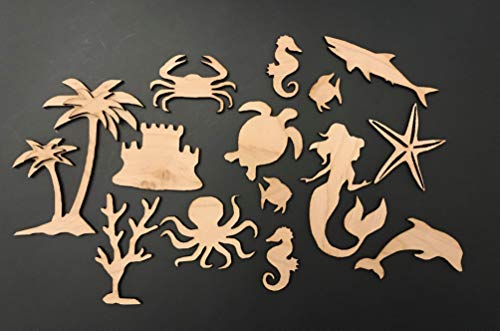 14-Pack Sea Life Beach Ocean Decor Wall Unfinished Wood Cutout Crafts Shapes Cut Outs Sea Turtle Mermaid Palm Tree DolphinSeahorseSandcastleSharkCrabOctopusCoralStar fish