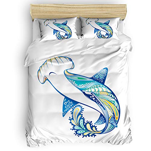 4 Piece Bedding Duvet Cover Set Queen Size Angel Cow Hammerhead Sand Sharks Mammals Species Nautical Graphic Luxury Microfiber Polyester Kids Comforter Cover with Zipper Closure Corner Ties