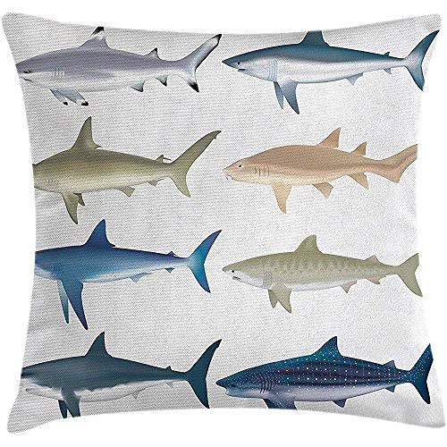 Beigehome Sea Animal Decor Throw Pillow Cushion Cover Types of Angel Cow Hammerhead Sand Sharks Mammals Species Nautical Graphic Decorative Cushion Cover Pillowcase Multi 18 x 18 Inch Colorful
