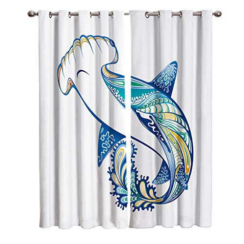 Fahome Kitchen Cafe Curtains Window Drapes Treatment Durable Polyester 104W by 52L Angel Cow Hammerhead Sand Sharks Mammals Species Nautical Graphic 2 Panel Set Gromment Draperies Solid Print