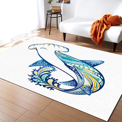 Large Rectangle Area Rugs Shape Durable Low Pile 3 x 5 Washable Runner Rugs Carpet Floor Cover Anti-Slip Rubber Backing Mat Angel Cow Hammerhead Sand Sharks Mammals Species Nautical Graphic