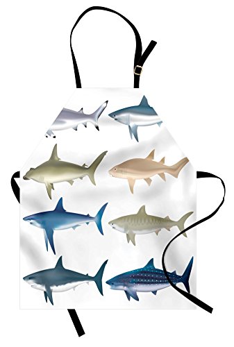 Lunarable Shark Apron Types of Angel Cow Hammerhead Sand Sharks Mammals Species Natural Nautical Graphic Unisex Kitchen Bib Apron with Adjustable Neck for Cooking Baking Gardening Multicolor