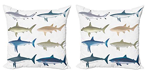 Lunarable Shark Decorative Throw Pillow Case Pack of 2 Types of Angel Cow Hammerhead Sand Sharks Mammals Species Natural Nautical Graphic Couch Bedroom Living Room Cushion Cover 18 Multicolor