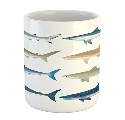 Lunarable Shark Mug Types of Angel Cow Hammerhead Sand Sharks Mammals Species Natural Nautical Graphic Printed Ceramic Coffee Mug Water Tea Drinks Cup Multicolor