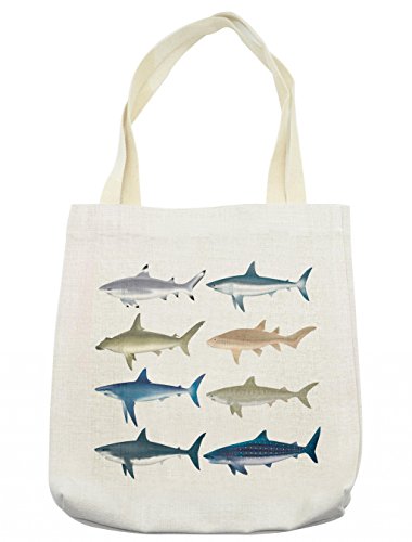 Lunarable Shark Tote Bag Types of Angel Cow Hammerhead Sand Sharks Mammals Species Natural Nautical Graphic Cloth Linen Reusable Bag for Shopping Books Beach and More 165 X 14 Cream