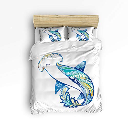 Sea Animal Decor 3 Piece Bedding Set Comforter Cover Full Size Types of Angel Cow Hammerhead Sand Sharks Mammals Species Nautical GraphicDuvet Cover Set Bedspread with Zipper Closure for KidsAdults