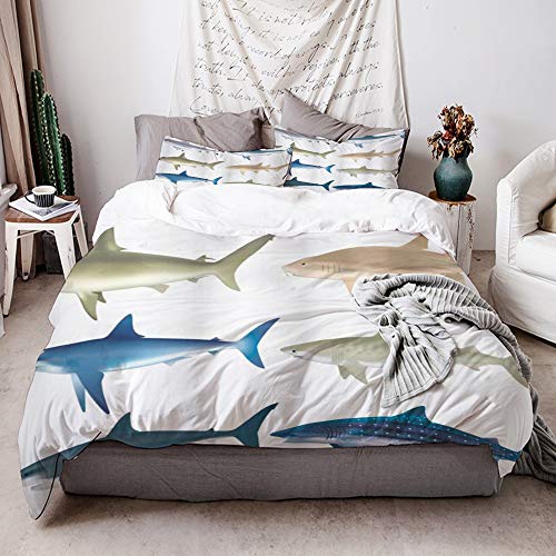 ZOMOY Duvet Cover Set Sea Animal Types of Angel Cow Hammerhead Sand Sharks Mammals Species Nautical Graphic Decorative 3 Piece Bedding Set with 2 Pillow Shams