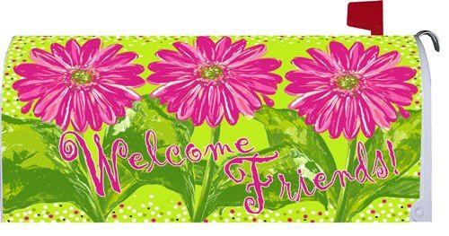 Whimsical Pink Daisy Welcome Friends Magnetic Mailbox Wrap Cover