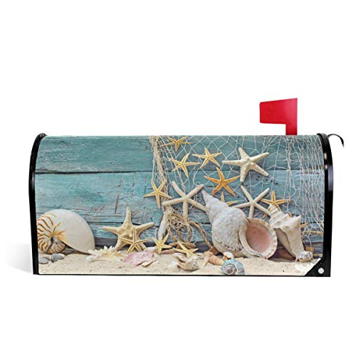 fudin Summer Sea Starfish Net Magnetic Mailbox Cover MailWraps Beach Sand On Wooden Mailbox Wraps Post Box Garden Yard Home Decor for Outside Size 21x18 Inch