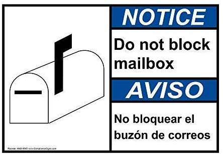 Aluminum Metal Novelty Sign16x12InchNotice Do Not Block Mailbox Sign with English  Spanish White Vintage Retro Tin Sign for Home Workshop Man Cave Bar